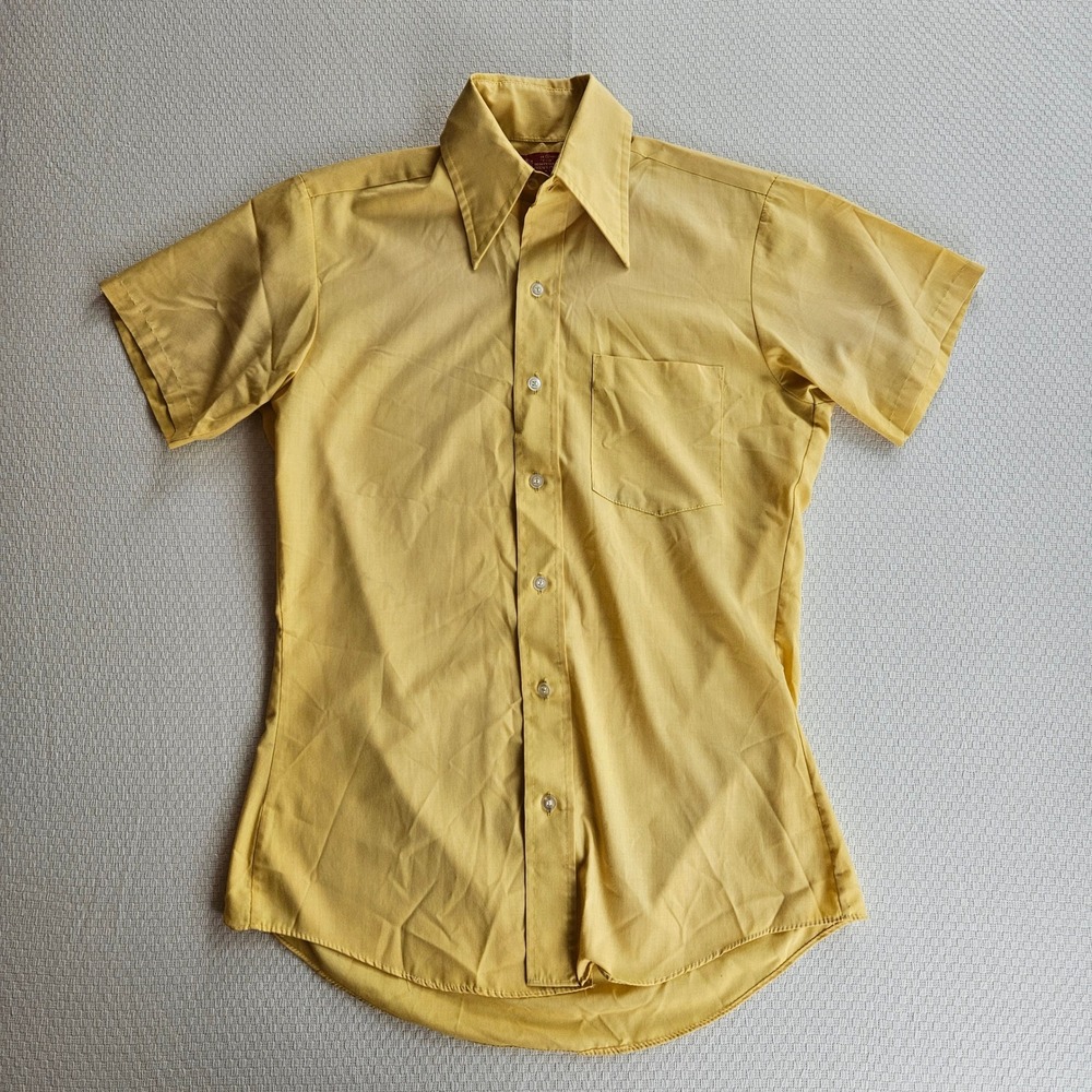 Vintage Kings Road Sears 70s Men Yellow Short Sleeve Button Shirt Slim Fitted S